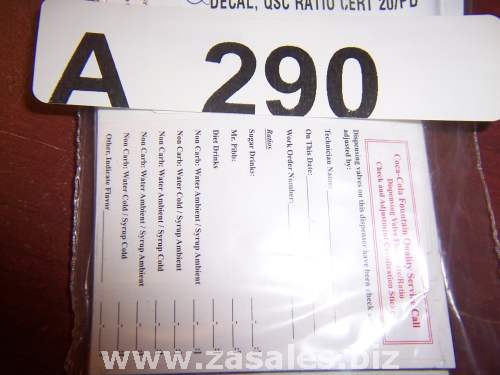 Coke-Cola Soda Dispenser Part # 105685 Decal qsc ratio cert