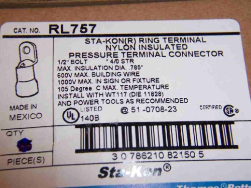 Thomas & Betts Rl757 4/0 Ring Term Bulk RED