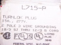 Pass and Seymour L715PGCM plug,277vac,15a,l7-15p,2p,3w 1